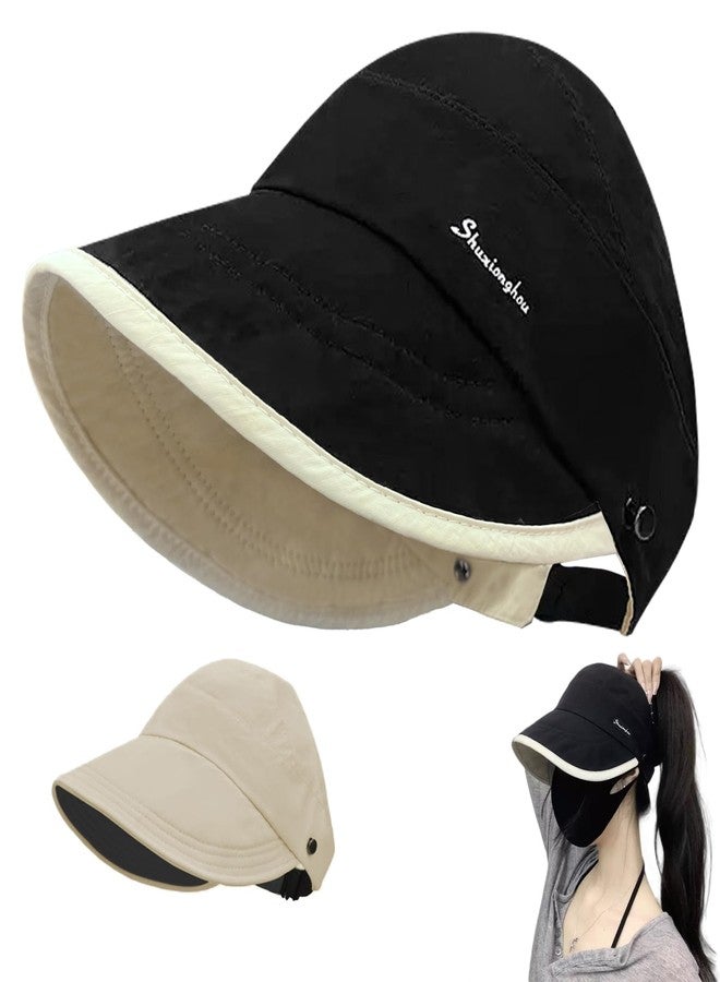 huablo Women Visor Ponytail Sun Hat for Outdoor Uv Protection Wide Brim Sun Hats Packable Golf Running Visor Piping Black - Image 1